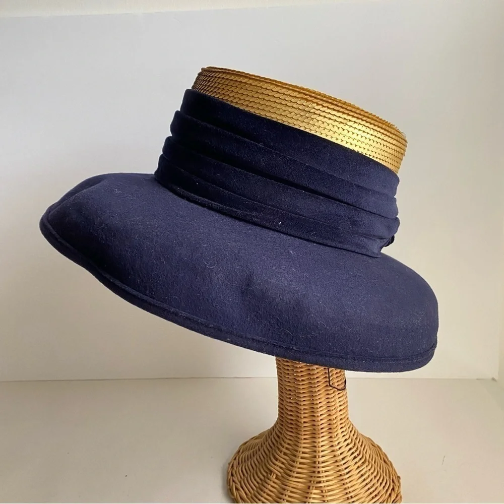 Vintage‎ 90s Whittall & Shon Wool Sequin Hat Navy Blue Gold Wide Brim - Picture 2 of 14